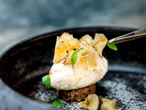 Hasselnøddeis med crumble og jordskokkechips