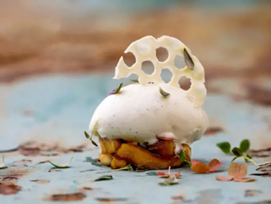 Yoghurtis med bagte æbler og friske urter