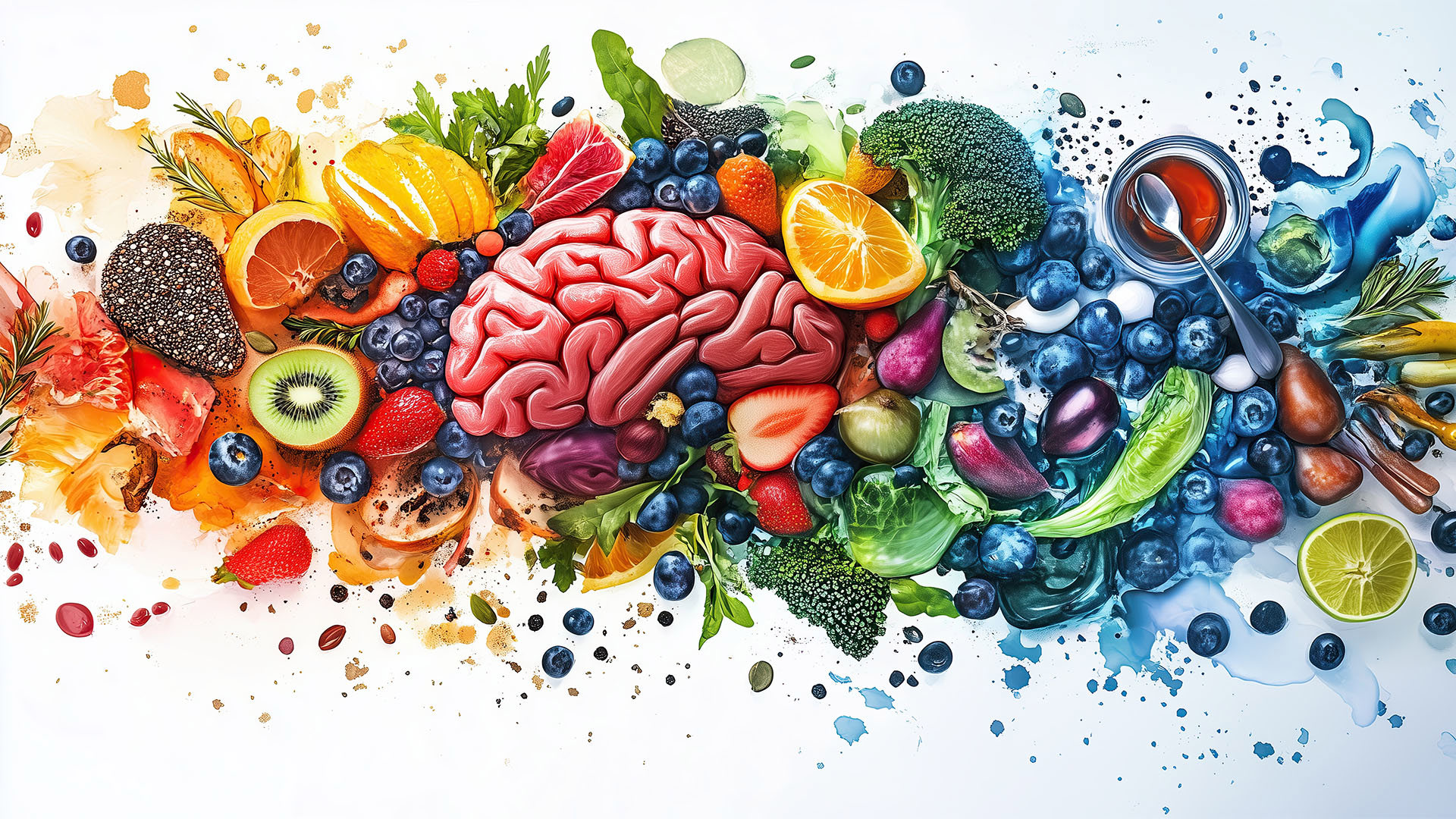Εικονογράφηση ενός εγκεφάλου περιτριγυρισμένου από υγιή τρόφιμα