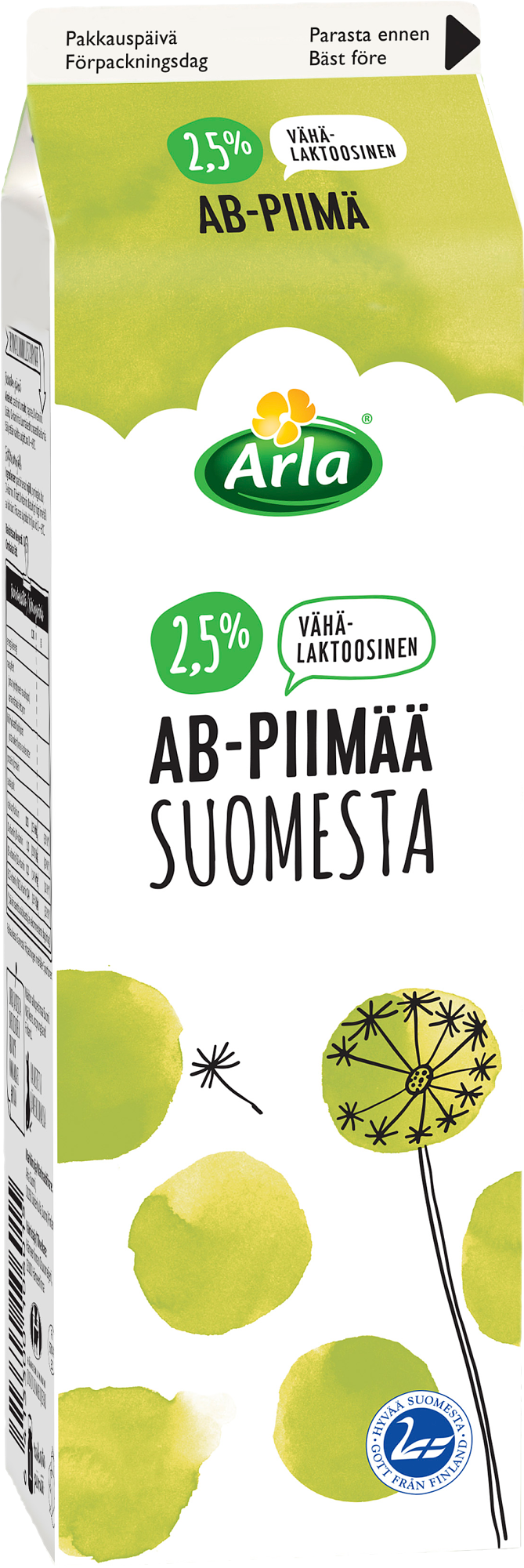 Arla vähälaktoosinen AB-piimä 2,5% Suomi 1L