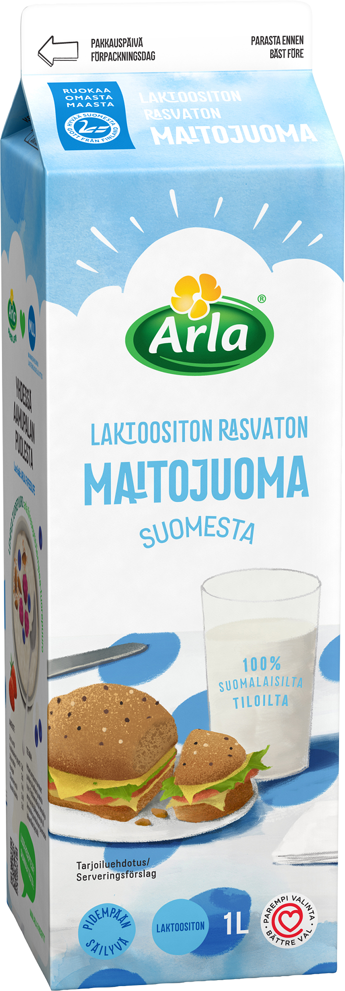 Arla laktoositon rasvaton maitojuoma Suomi 1L (ESL)